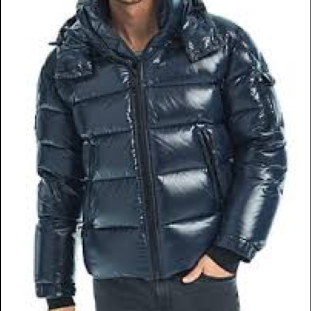 Sam. Men's Blue Glacier Shiny Puffer Coat in Steel This jacket is in great shape